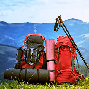 A group of backpacks and poles sitting in the grass.