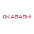 A red and white logo of okabashi